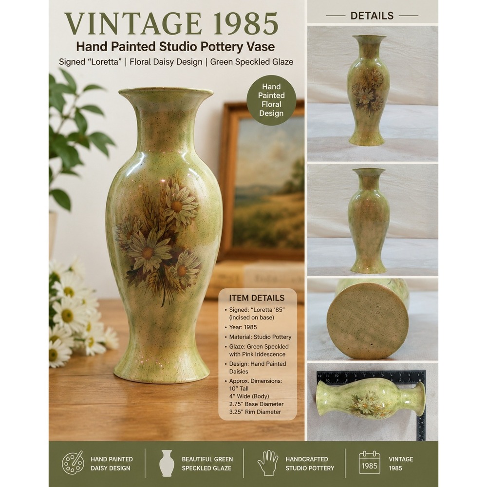 Vintage 1985 Loretta Signed Daisy Floral Ceramic Bud Vase Green Speckled 10 Inch